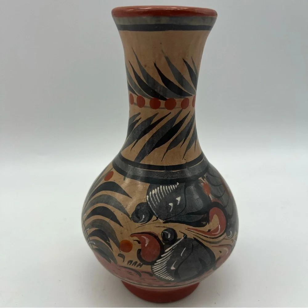 Mexican Made Tonala Vase Foral Coral Gray Color Artisan Ethnic Handmade Painted